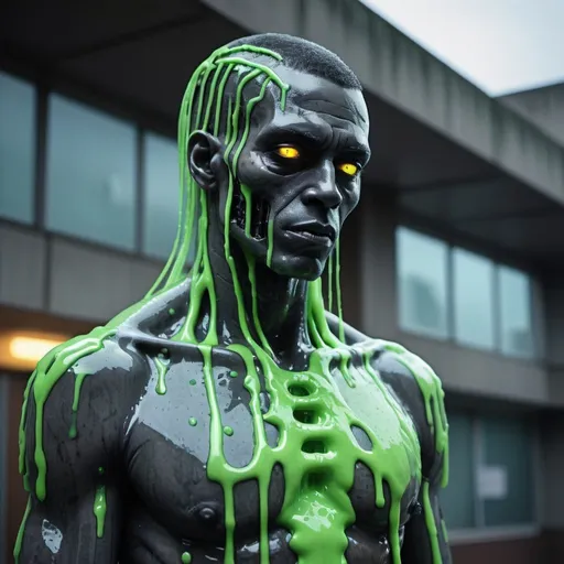 Prompt: Gloomy portrait of Grim covered in slime from Marvel with intricate angular cybernetic implants inside a brutalist building, abounded hospital, cyberpunk, award-winning photo, bokeh, neon sign lights, cybernetic limb