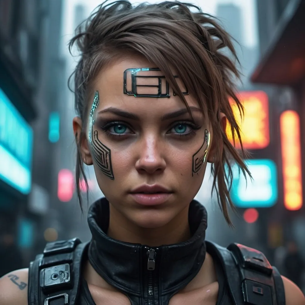 Prompt: (detailed face), (photorealistic), (masterpiece), (photography), (realistic skin texture), katya clover in a dystopian cyberpunk city, (cyborg:1.3), bladerunner, dark misty street, punk hairstyle, cybernetic face modifications, body modification, Lara Croft video game character, wearing cyberpunk clothes, neon signs, misty,,