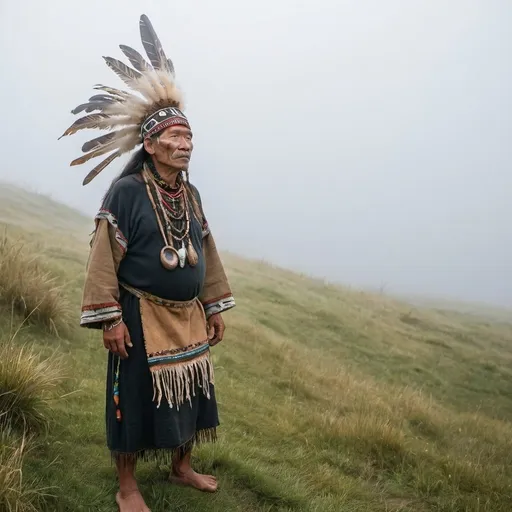 Prompt: A tribal shaman standing on a grassy hill in the misty fog