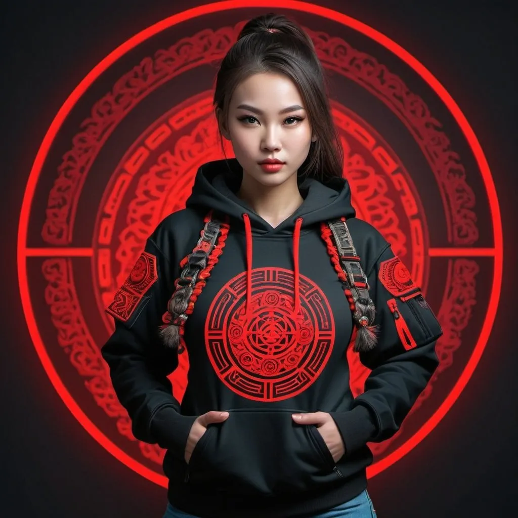 Prompt: Create a beautiful girl wearing a traditional mongolian techwear clothing hoodie with traditional tactical wear 
ornaments with pouches straps multiple pockets with artwork in neon glow in red