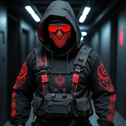 Prompt: Cyberpunk  tribal shamanic  futuristic tactical  gear nomad shamanic clothing
pant , hoodie poncho shamanic onaments face tactical mask multiple pockets and pouches intricate patterns pockets 
tech wear black fabric  with symbol and cryptic signs and hexoganal hive patern designs in neon uv red