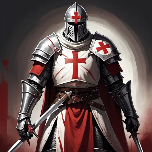 Prompt: An illustration of a Templar knight in full armor, with a white and red cross on his chest, holding two swords. The background is a dark red. In the style of art, character design for a game. --ar 3:4 --s 750 --v 6.0