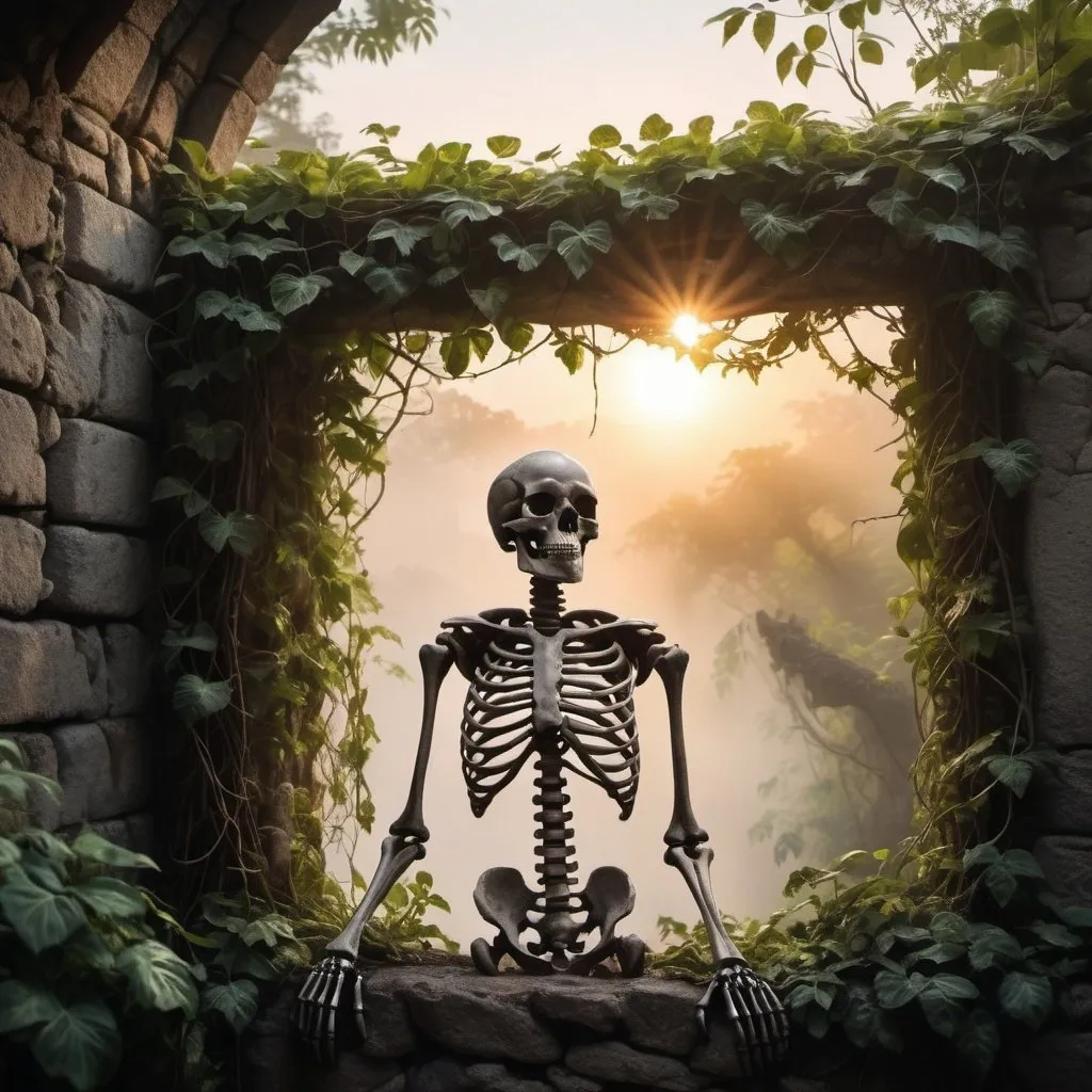 Prompt: photo realistic, steaming thick jungle, hard to see bones of a human skeleton trapped in vines against a stone wall, lost treasure, cinematic lighting, sunset, 