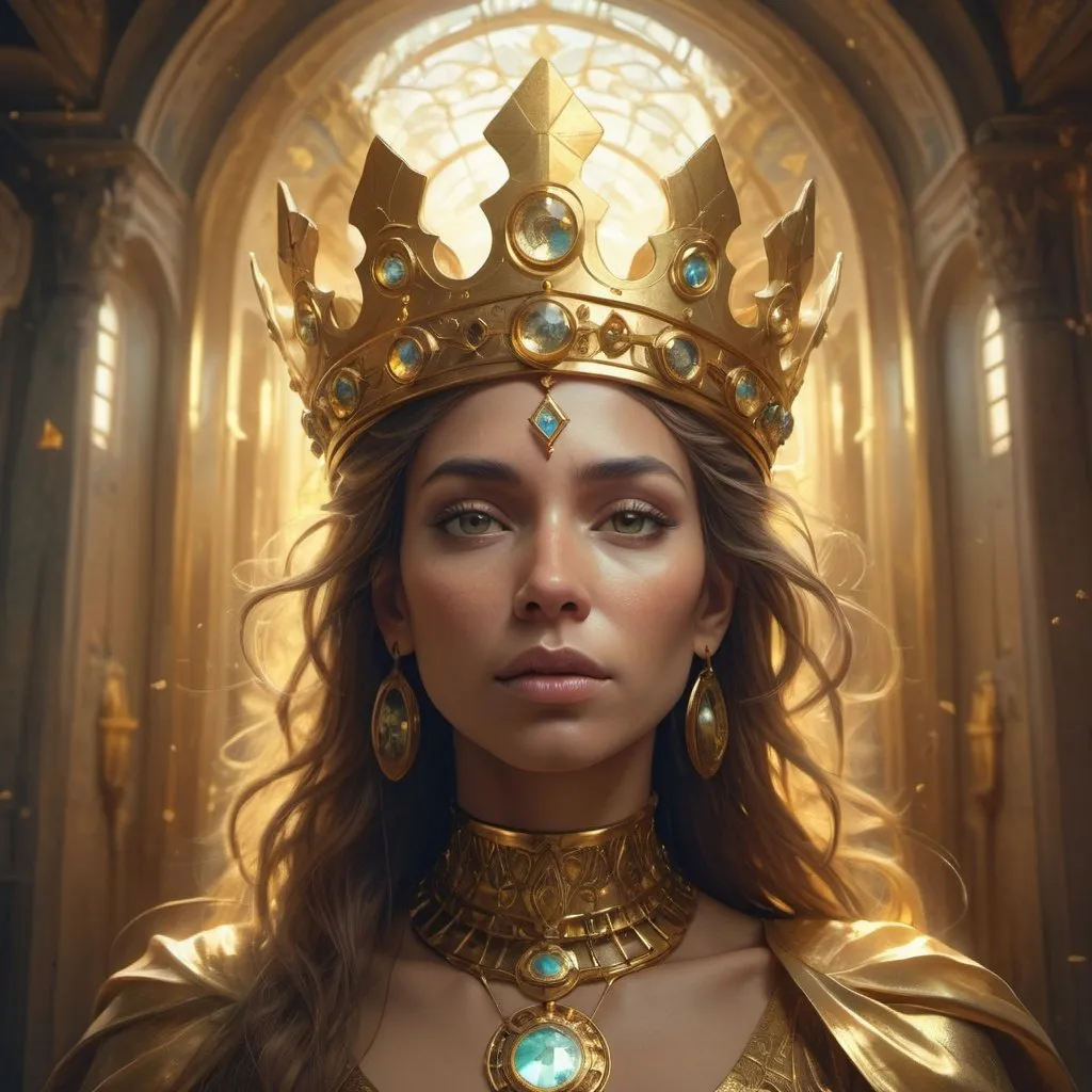 Prompt: The image of an Araved woman wearing a golden crown and divine light, artgerm julie bell beeple, beeple and alphonse mucha, 4k highly detailed digital art, greg beeple, intricate wlop, Tomasz Alen Kopera and CGsociety, Beeple and Jeremiah Ketner, artgem and beeple masterpiece