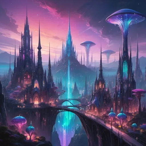 Prompt: 
A vibrant alien cityscape with towering spires of iridescent crystal, winding aerial walkways, and bioluminescent flora illuminating the twilight sky.