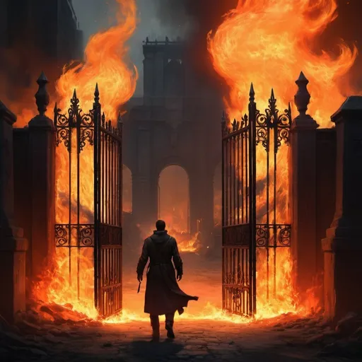 Prompt: A man walks through the gate，flaming background，The Lost Gate of the Domain of Fire，dramatically art，dark cinematic concept art，Epic digital art，epic cinematic concept art，digital painting concept art