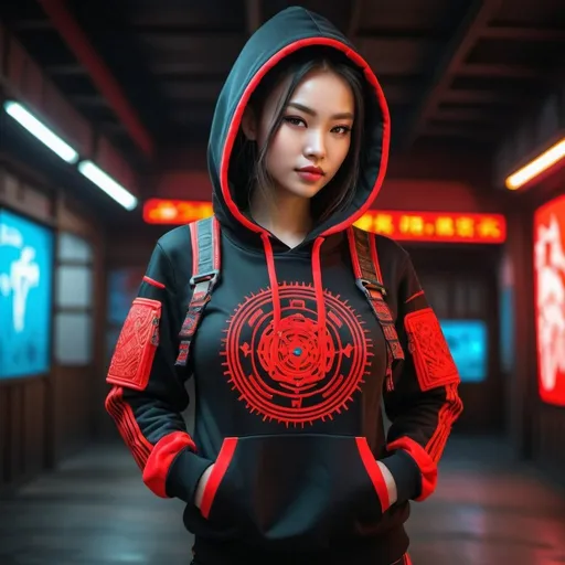 Prompt: Create a beautiful girl wearing a traditional mongolian techwear clothing hoodie with traditional tactical wear 
ornaments with pouches straps multiple pockets with artwork in neon glow in red