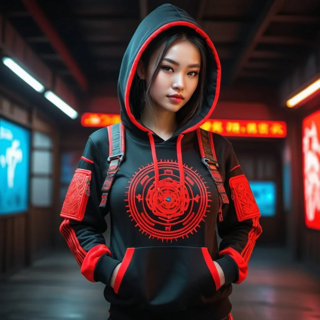 Prompt: Create a beautiful girl wearing a traditional mongolian techwear clothing hoodie with traditional tactical wear 
ornaments with pouches straps multiple pockets with artwork in neon glow in red