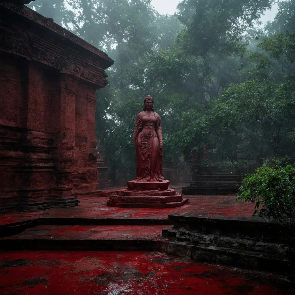 Prompt: A blood-red temple walls and floring in an ancient Indian temple  stone statue of an ancient godess sculpture of divine gods in the rain forest mist smog and fog in the blood on the temple floor flooring atmosphere and pure black ston temple in the forest  cinematic photoshoot realistic lightings ulta hdr 32k high resolution, smooth and delicate skin, noble and elegant, ultra-realistic photography vibe, shot with Canon camera, intricate details, 32k --ar 16:9 --s 750 --v 6.1