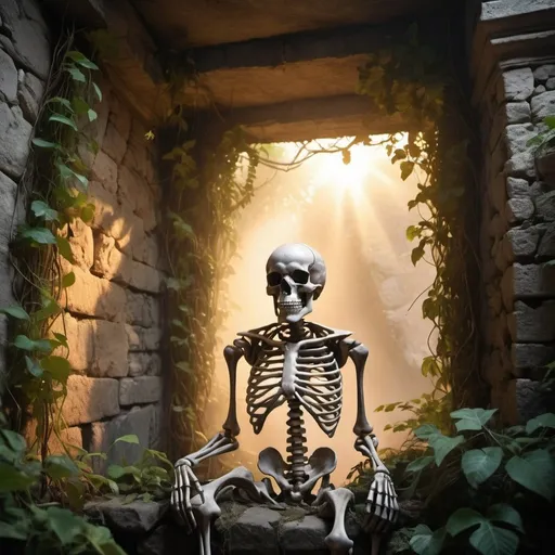 Prompt: photo realistic, steaming thick jungle, hard to see bones of a human skeleton trapped in vines against a stone wall, lost treasure, cinematic lighting, sunset, 