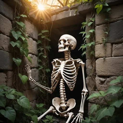 Prompt: photo realistic, steaming thick jungle, hard to see bones of a human skeleton trapped in vines against a stone wall, lost treasure, cinematic lighting, sunset, 