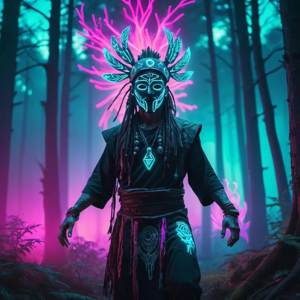 Prompt: Cyberpunk forest neon sfumato wide shot of a cyberpunk dancing shaman with a shamanic mask  with shamanic ornaments | forest background | colourfull  hued gradient effect | futuristic glowing runes --ar 16:9 --s 120 --style raw --v 6.0