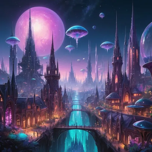 Prompt: 
A vibrant alien cityscape with towering spires of iridescent crystal, winding aerial walkways, and bioluminescent flora illuminating the twilight sky.