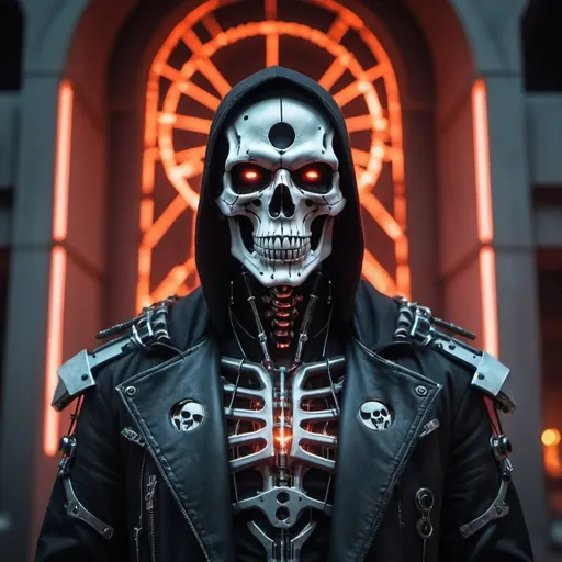 Prompt:  Reaper portrait from Marvel dressed as metal-skull with intricate angular cybernetic implants inside a brutalist building, gothic brutalist graveyard, cyberpunk, Foto premiada, Bokeh, Neon lights, cybernetic, fireworks in the background.