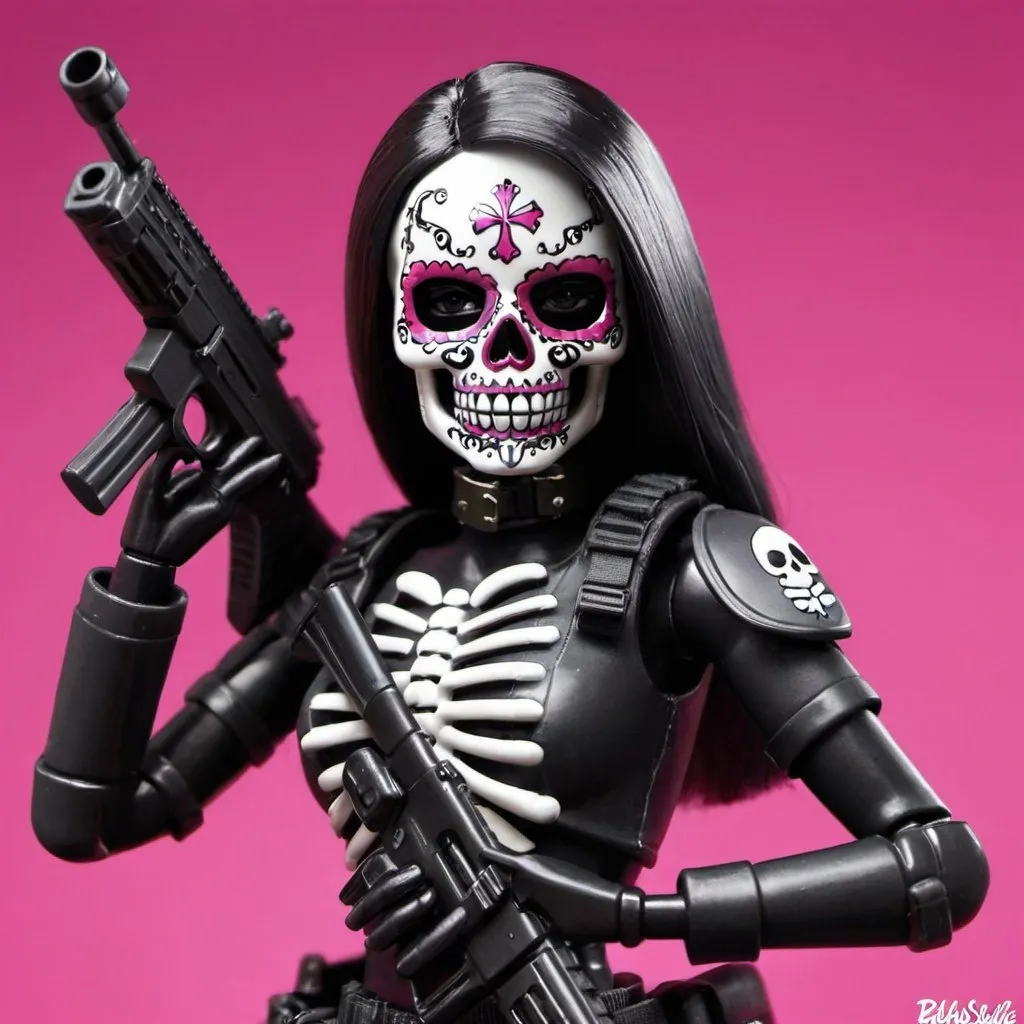 Prompt: Loiras Barbie, fofo, Girly, skull mask, armadura, army, segurando arma, The Death Squad