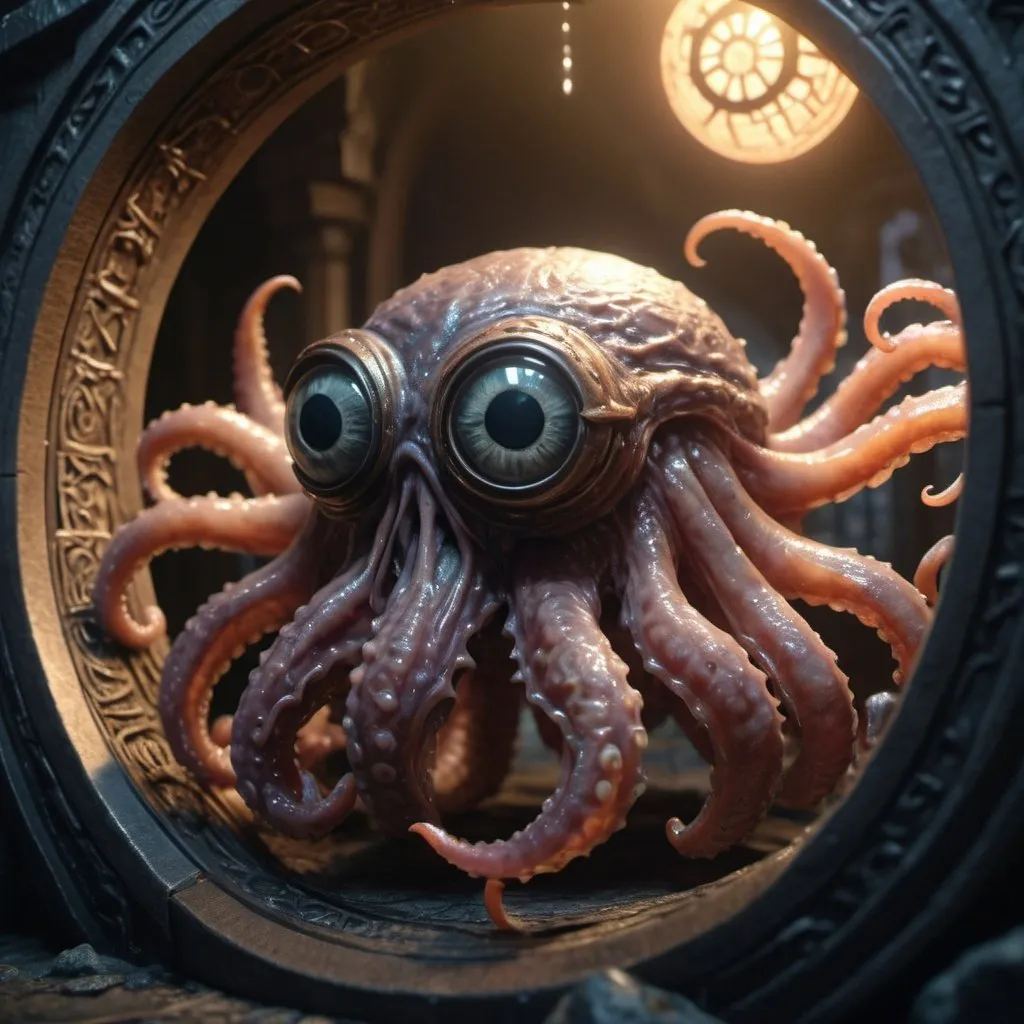 Prompt: glamour shot from a low angle capturing a (D&D beholder:1.3) straining to go through a (magical portal:1.4), (intricate details), (hyperdetailed), 8k hdr, high detailed, lot of details, high quality, soft cinematic light, dramatic atmosphere, atmospheric perspective, masterpiece, best quality, photograph, dreamlike, face focus, intricate details, sharp focus, photography, photorealism, photorealistic, 8k, soft focus, volumetric light,(intricate details), (hyperdetailed), 8k hdr, high detailed, lot of details, high quality, soft cinematic light, dramatic atmosphere, atmospheric perspective, (grim dark sci-fi fantasy), soft tissue, slime, (eldritch horror:1.3), octopus, cosmic horror,