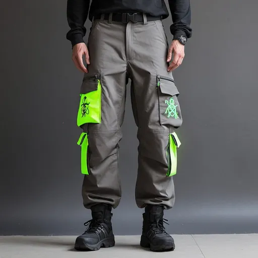 Prompt: Tech wear Spanish grey pants with multipal tactical pockets for storage straps and cryptic symbols in uv neon greenJapanese streat wear cargo pants