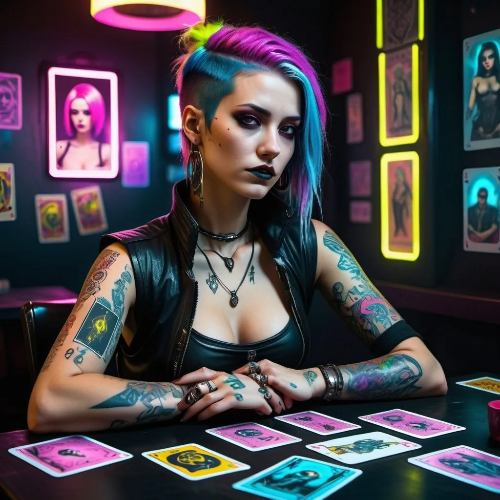 Prompt: (tatot cards), realistic digital painting, cyberpunk 2077 style, mystical room in futuristic world, table with modern tarot cards, beautiful woman, dark makeup, mystical tattoos, cyberpunk fortune teller outfit, spreads tarot to some cyberpunk woman (punk with colorful hair, wearing strange and mismatched clothes), unfolded tarot cards are visible on the table, dark room, light neon lighting, cyberpunk style, realistic, lots of detail, 8k, film grain, raw photo, 