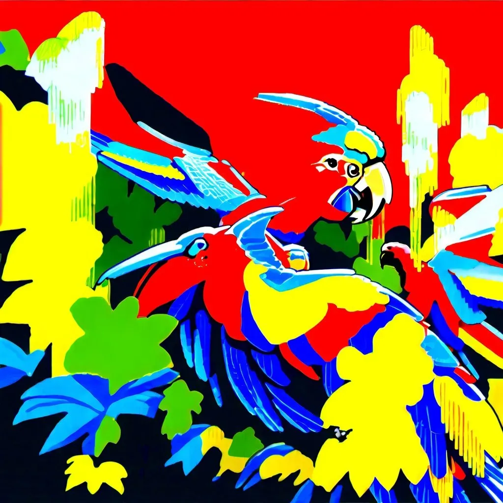 Prompt: Create a photorealistic image of a family of three scarlet macaws and three blue and yellow macaws flying together through a jungle clearing, show some blue sky as well as jungle foliage, create a lot of contrast and depth in the birds colours, and varied foliage taken with a canon r5, wide angle lens, 4k --ar 16:9