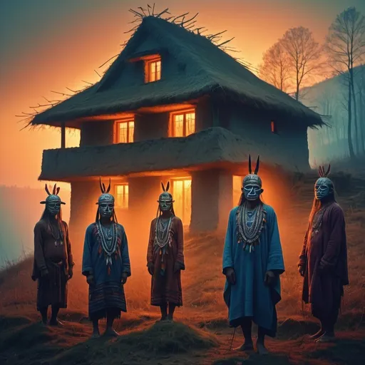 Prompt: A photoshoot of a tribal homes by sunset by the hill in the forest with tribals wearing ornaments and tribal mask and tribal clothes with cinematic uv lightings in the bagrpund blured photoshoot style of Zdzislaw Beksinski