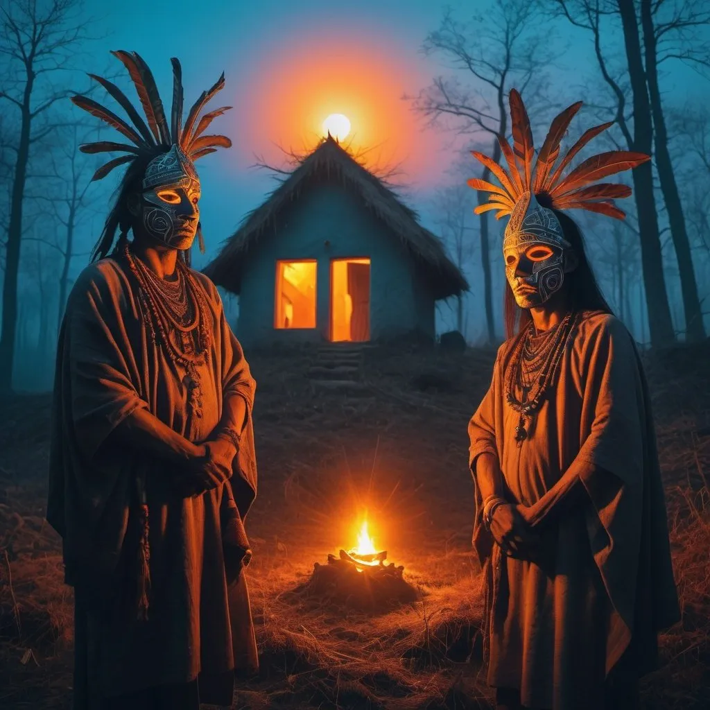 Prompt: A photoshoot of a tribal homes by sunset by the hill in the forest with tribals wearing ornaments and tribal mask and tribal clothes with cinematic uv lightings in the bagrpund blured photoshoot style of Zdzislaw Beksinski