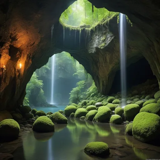 Prompt: (a) cave behind a waterfall, detailed rock formation, hidden entrance, sparkling water, moss-covered walls, mysterious atmosphere, beautiful natural light, shimmering water droplets, secret sanctuary, hidden treasures, serene atmosphere, immersive experience, tranquil sound of water, ethereal mist, echo of footsteps, enchanting environment, magical aura, sense of adventure, ancient artifacts, flickering candlelight, echoes of the past