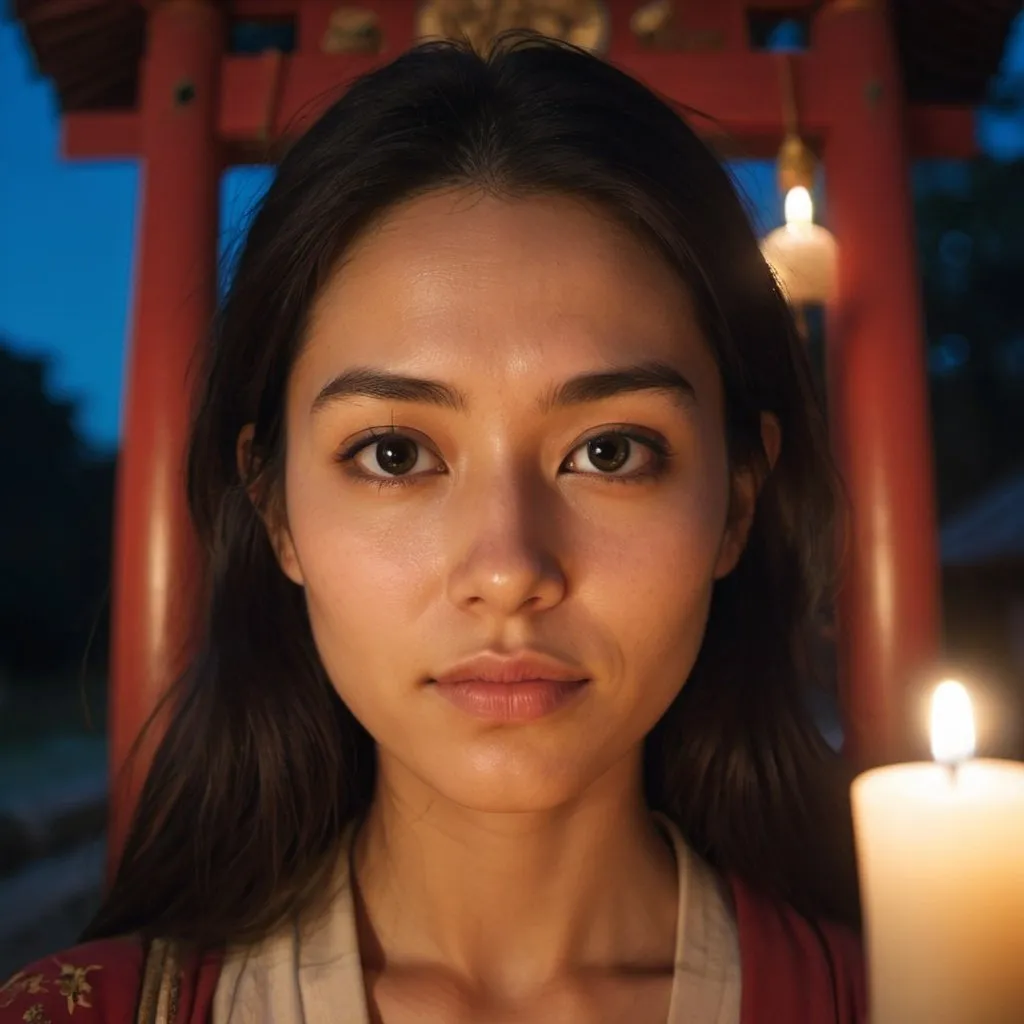 Prompt: A detailed image of a young and beautiful woman's close-up face standing at a shrine during midnight, taken with a cinematic camera, using portrait with cinematic lighting --ar 9:16 --s 1000 --v 6.0