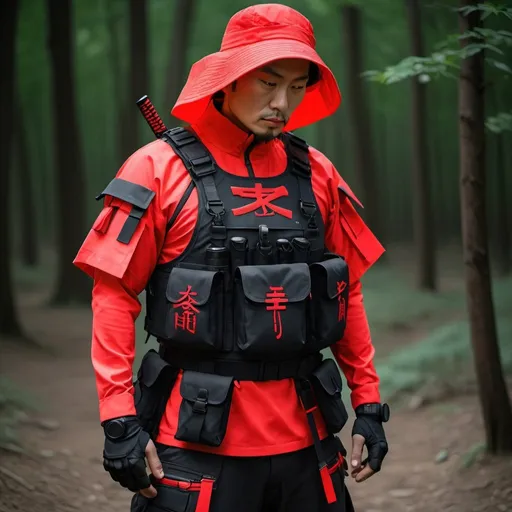 Prompt: Tech wear traditional  akira  kurosawa samurai design with multipal tactical pockets for storage straps and cryptic symbols in uv neon red  geared tactical wear