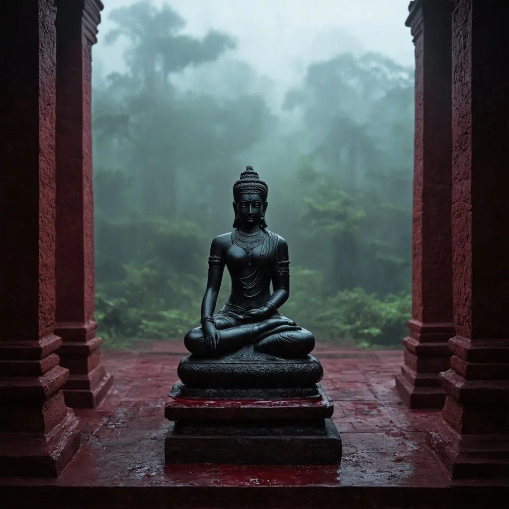 Prompt: A blood-red temple walls and floring in an ancient Indian temple  stone statue of an ancient godess sculpture of divine gods in the rain forest mist smog and fog in the blood on the temple floor flooring atmosphere and pure black ston temple in the forest  cinematic photoshoot realistic lightings ulta hdr 32k high resolution, smooth and delicate skin, noble and elegant, ultra-realistic photography vibe, shot with Canon camera, intricate details, 32k --ar 16:9 --s 750 --v 6.1