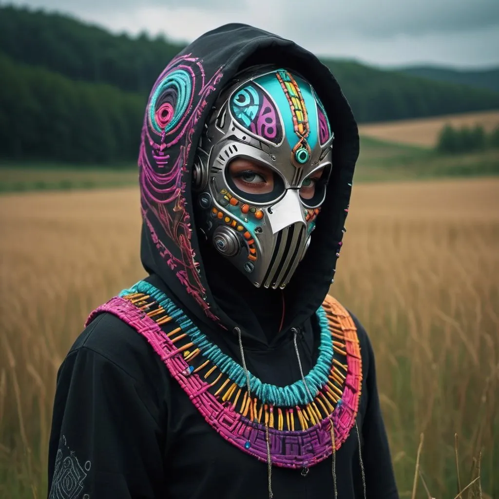 Prompt: a person standing in a field with a hood on  a cyberpunk tribal colourful mask on cyberpunk  tribal ornaments and wearing cyberpunk jwellery with a cyberpunk tribal colourful full body wear, with cyberpunk cryptics on the body wear a character portrait by Nína Tryggvadóttir, behance contest winner, neo-primitivism, apocalypse art, dystopian art, made of beads and yarn

