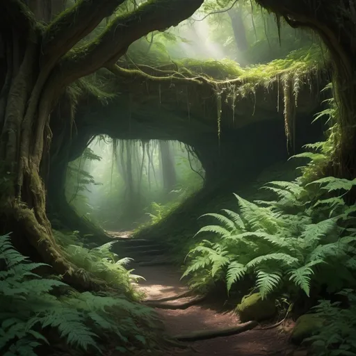 Prompt: A hidden cave entrance, camouflaged behind a tapestry of emerald green vines, ancient trees with gnarled branches, and a profusion of overgrown ferns and foliage, in a dense, misty forest, where dappled sunlight filters through the canopy above, casting intricate shadows on the forest floor, with only a faint, subtle outline hinting at the mysterious, ancient passage within, inviting exploration and discovery, created with hyper-realistic detail, complete with textures, ridges, and organic imperfections, showcasing the beauty of nature's concealment.mist and fog in the atmosphere neon glow lighting in the background