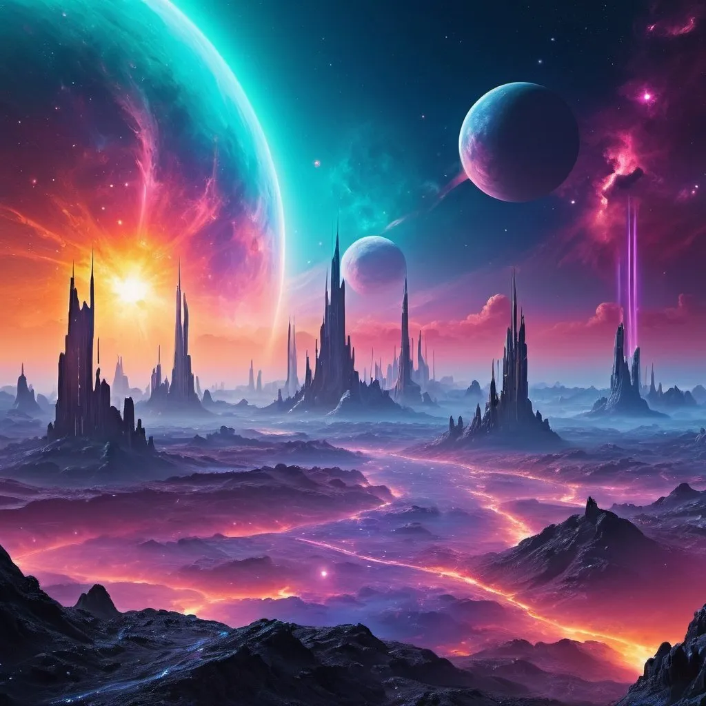 Prompt: fantasy landscape, gel, backlit,  futuristic cityscape, vivid colors, sci fi, nebula, cosmic space background, masterpiece, highly detailed, 8k, high resolution, digital art, fantasy, photorealistic, 