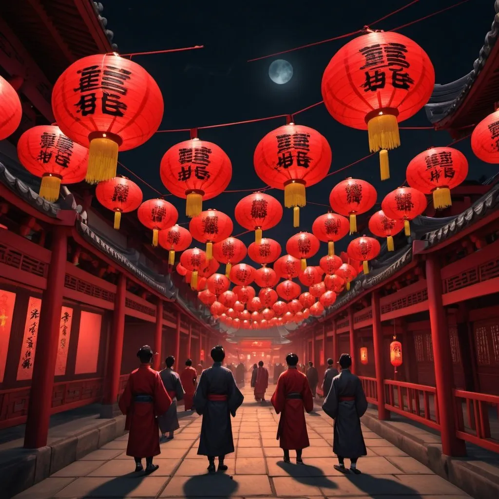 Prompt: Middle Metaverse，Chinese Ghost Festival，Hyakki Night Line，Red lanterns，The light is dim，