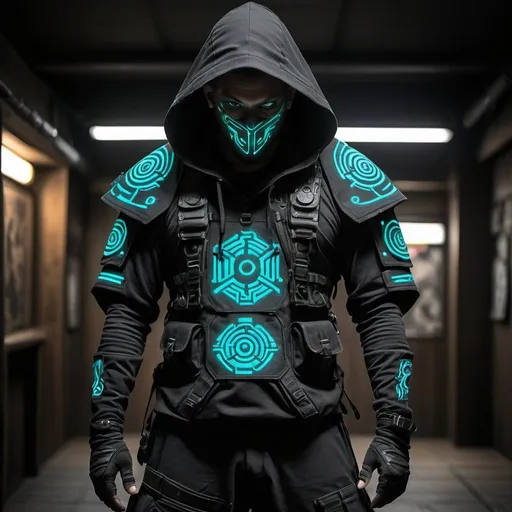 Prompt: Cyberpunk  tribal shamanic  futuristic tactical  gear nomad shamanic clothing
pant , hoodie poncho shamanic onaments full face  tactical sheild multiple pockets and pouches all over the body like a combat worrior from shoulders to shin and tactical  trek style intricate patterns pockets  samurai style pants 
tech wear black fabric  with symbol and cryptic signs and hexoganal hive patern designs in neon uv turquoise blue