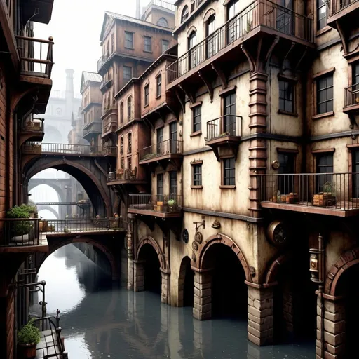 Prompt: ((masterpiece)),((best quality)),((high detial)),((realistic,))
Industrial age city, deep canyons in the middle, architectural streets, bazaars, Bridges, rainy days, steampunk, European architecture