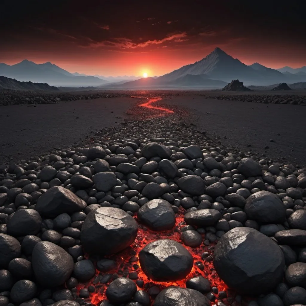 Prompt: here is a lifeless black scorched earth with stones to the horizon and a mountain in the distance (masterpiece), (best quality), CG 8k wallpaper, evening landscape, black, gray, red tones, setting sun, black earth