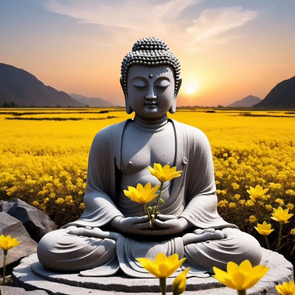 Prompt: A Buddha statue，Made of granite，The Buddha statue has been baptized by wind and frost the year before，The surface becomes covered with crackoss grows，One or two nameless yellow flowers will grow in the dilapidated cracks，It is very beautiful under the light of the sunset