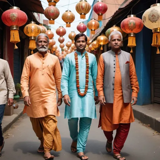 Prompt: portrait shot of 3 indian wearing ethnic wear and ethnic ornaments  walking a street covered in an arbitrarium of lanterns. ;close up ;realistic ;boca