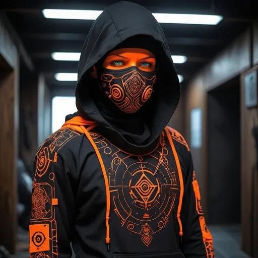 Prompt: Cyberpunk  tribal shamanic  futuristic tactical  gear nomad shamanic clothing
pant , hoodie poncho shamanic onaments face tactical mask 
tech wear black fabric  with symbol and cryptic signs and hexoganal hive patern designs in neon uv orange