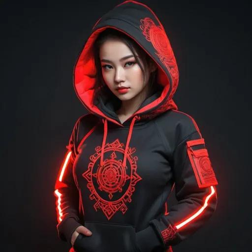 Prompt: Create a beautiful girl wearing a traditional mongolian techwear clothing hoodie with traditional tactical wear 
ornaments with pouches straps multiple pockets with artwork in neon glow in red