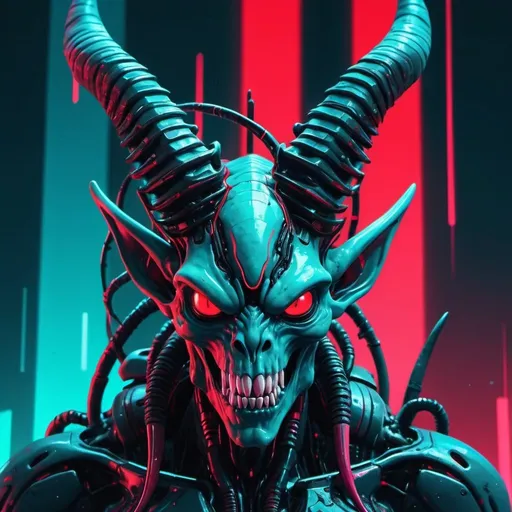Prompt: cyberpunk art style, abstract background, glitchy digital painting of an alien creature with massive horns and teeth, glitch effecting the colors and textures in red black teal blue neon color palette, digital art --ar 51:64 --s 750 --niji 6
