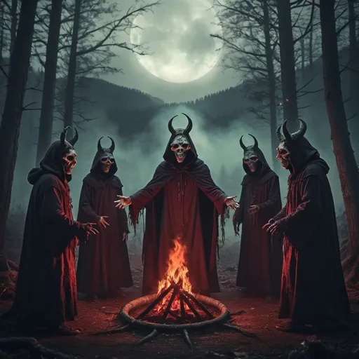Prompt: Satanic ritual in forest, hooded people in a circle, horrifying demon with frog face, hazy background, realistic epic, rutkowski, hdr, intricate details, hyperdetailed, cinematic, rim light, muted colors: 1.2, dark fantasy, dark sky, with dark mountains in the background, dark atmosphere, fear, horror, torches of fire, red, dark forest, night, scary