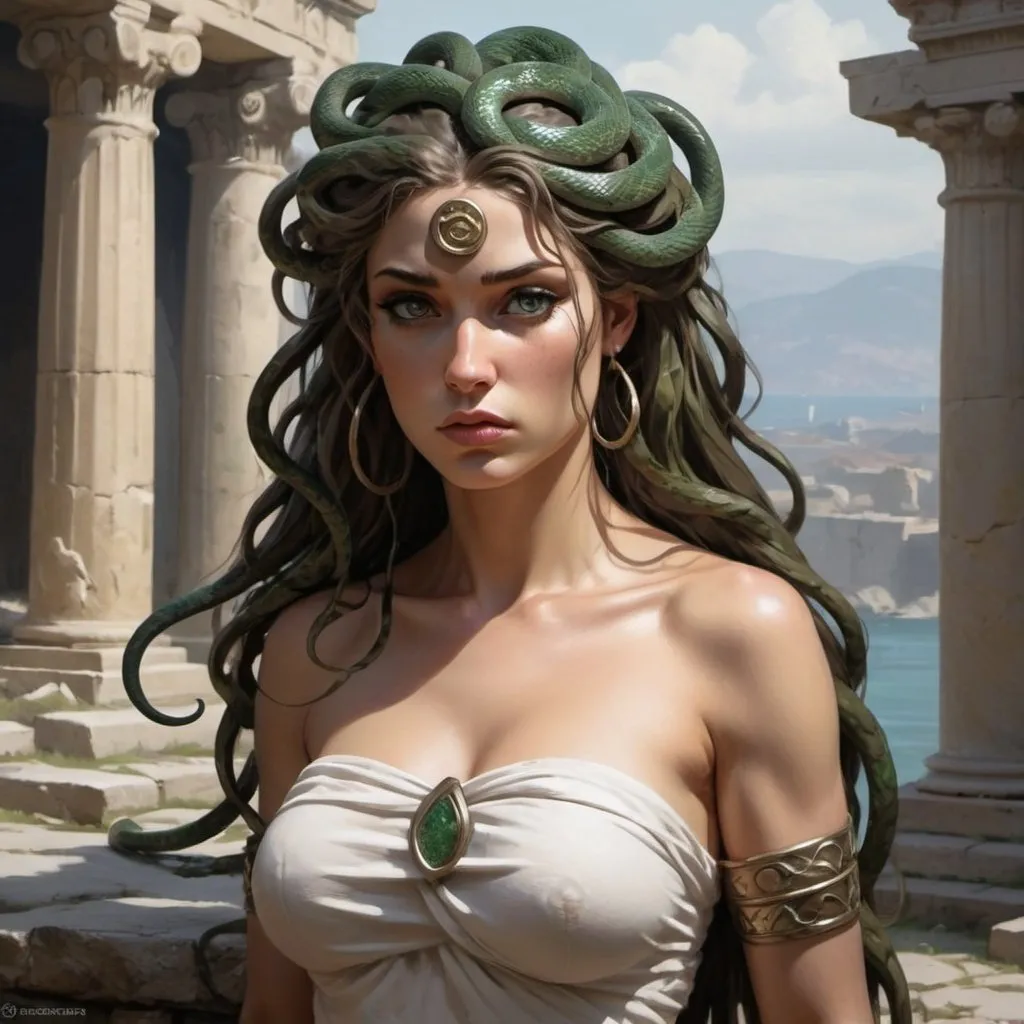 Prompt: Medusa, a mythical creature, show her whole figure, depicted as half woman, half snake, from the waist up she is a woman, and from the waist down she has the body of a snake, exceptionally beautiful beauty, full of charm with green snake eyes, instead of she hair, it's full of little wriggling snakes, she is a little sad about her lonely fate and the fact that she turns everyone she looks at into stone, she is surrounded by ancient Greek ruins somewhere underground, near some body of water, she is slightly leaning towards one of the stoned victims, not anime style, big chest, fantasy medieval, character reference sheet, character concept, character concept art, fantasy character, concept art, correct anatomy, correct proportions, realistic hyper-detailed draw in the style of Greg Rutkowski and Frank Frazetta --s 750 --style raw