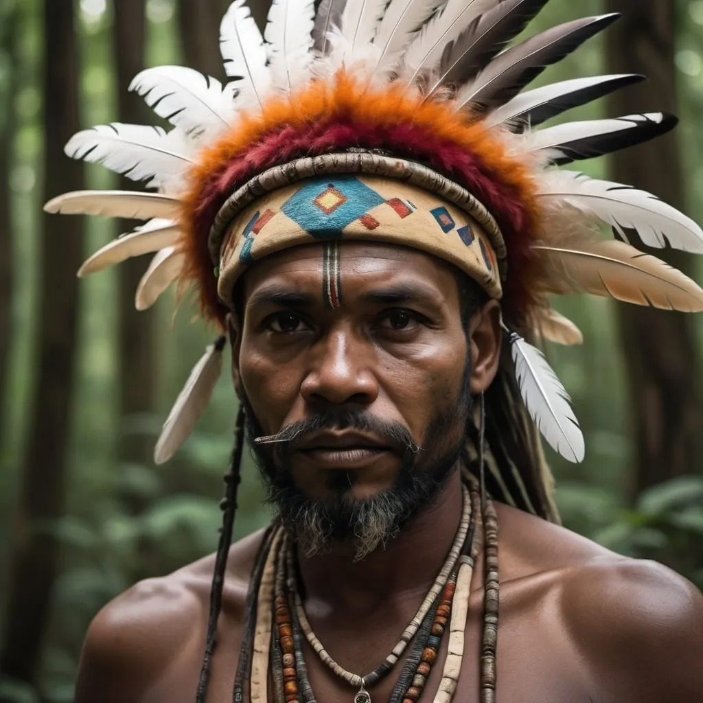 Prompt: there is a man with a feather headdress and a beard, indigenous man, ancient tribe, witch - doctor, ayahuasca shaman, african man, dramatic portraiture of namenlos, color photograph portrait 4k, 8k artistic portrait photography, anthropological photography, portrait shot, portrait shot 8 k, portrait of a forest mage, portrait of a warrior