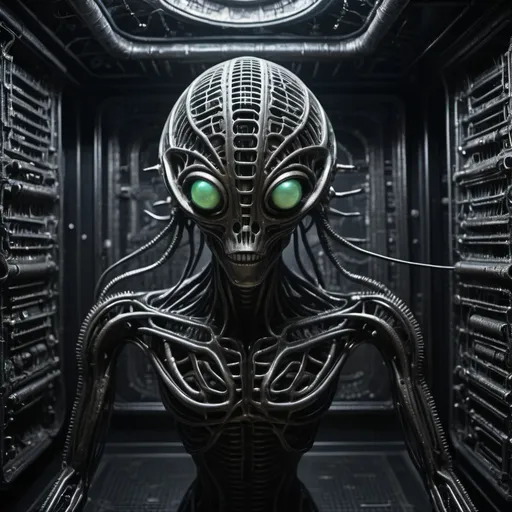 Prompt: Generate an extraterrestrial alien bstract deformed phosphorescent neuron sculpture made of various scrap iron, nails and metals on a one-dimensional perforated mesh panel in an alien ufo mothership room in HR Giger style dystopian future in a post-apocalyptic period cinematic photography photoshoot 