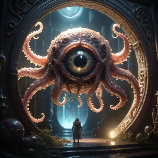 Prompt: glamour shot from a low angle capturing a (D&D beholder:1.3) straining to go through a (magical portal:1.4), (intricate details), (hyperdetailed), 8k hdr, high detailed, lot of details, high quality, soft cinematic light, dramatic atmosphere, atmospheric perspective, masterpiece, best quality, photograph, dreamlike, face focus, intricate details, sharp focus, photography, photorealism, photorealistic, 8k, soft focus, volumetric light,(intricate details), (hyperdetailed), 8k hdr, high detailed, lot of details, high quality, soft cinematic light, dramatic atmosphere, atmospheric perspective, (grim dark sci-fi fantasy), soft tissue, slime, (eldritch horror:1.3), octopus, cosmic horror,