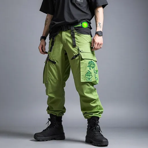 Prompt: Tech wear  bage green pants with multipal tactical pockets for storage straps and cryptic symbols in uv neon greenJapanese streat wear cargo pants