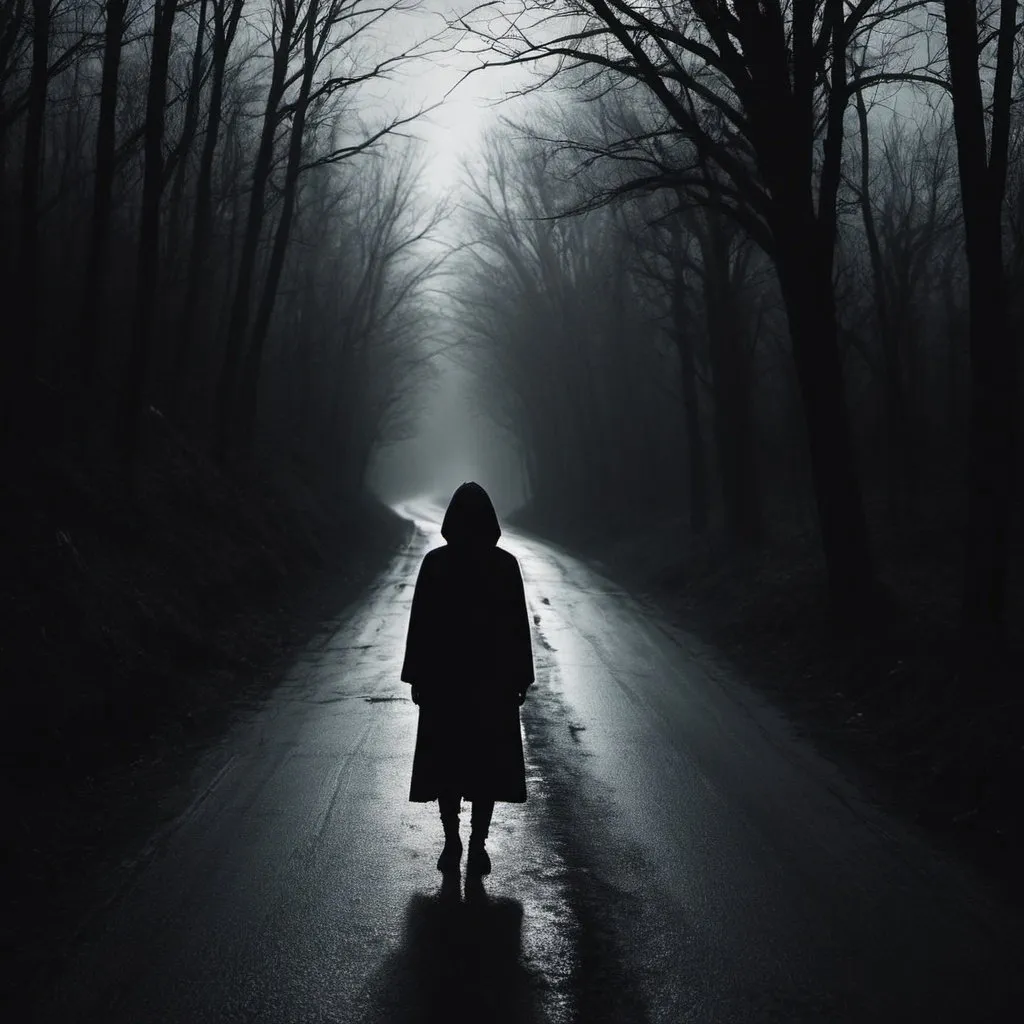 Prompt: the dark side of the road, eerie person silhouette, eerie thriller aesthetic!!!!, dark eerie photograph, dark eerie photo, u