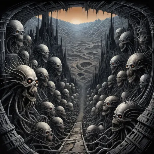 Prompt: view from the top of peak, futurist dark valley in ruin, evil creatures, cosmic horror, abyss view, madness, thorns, spiked walls. Creepy illustration, Horror art, hyperdetailed painting, color drawing, art by Derek Riggs and HR Giger