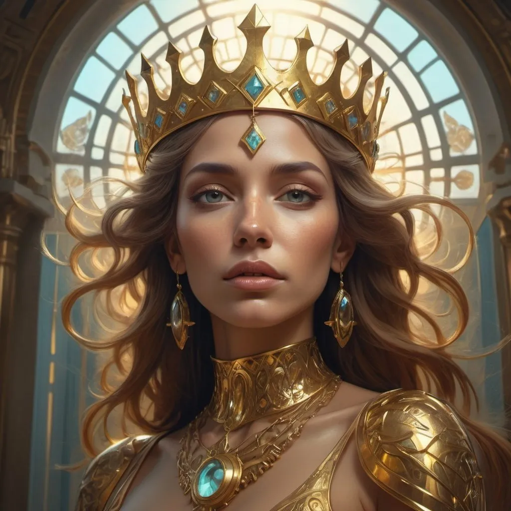 Prompt: The image of an Araved woman wearing a golden crown and divine light, artgerm julie bell beeple, beeple and alphonse mucha, 4k highly detailed digital art, greg beeple, intricate wlop, Tomasz Alen Kopera and CGsociety, Beeple and Jeremiah Ketner, artgem and beeple masterpiece